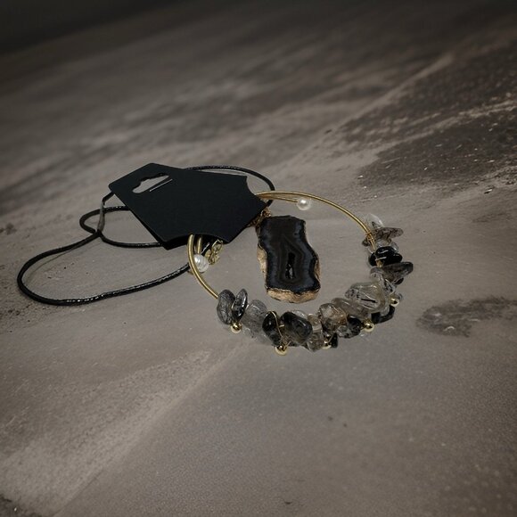 Black Agate Tourmalinated Quartz Bracelet and Necklace Bundle Jewelry Set - Picture 7 of 11